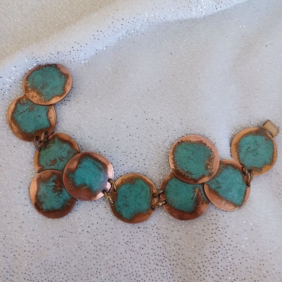 Bracelet Statement Oxidized Copper Turquoise Tone Coin Faux Bold 9" Boho Western - Picture 2 of 15